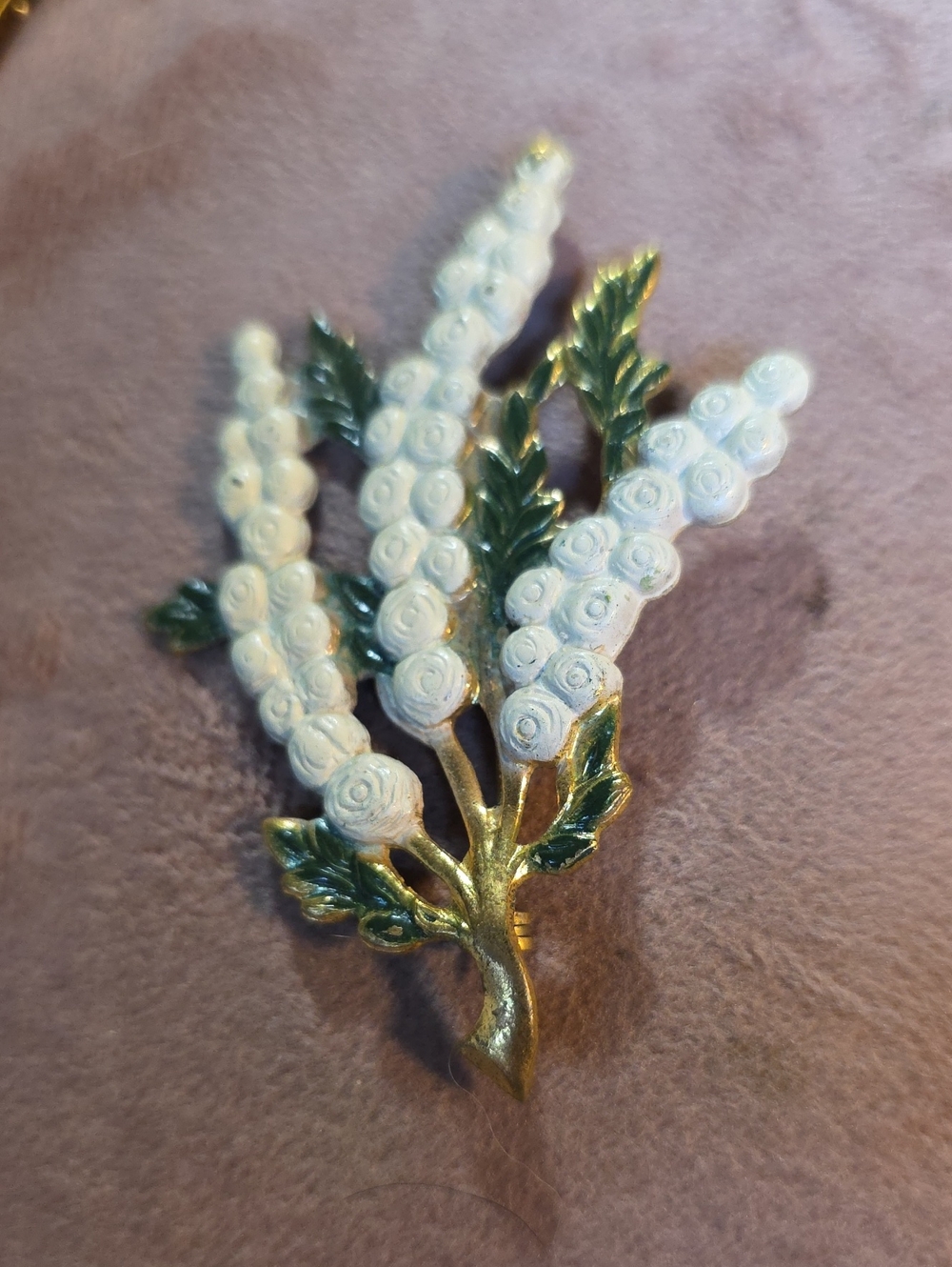 Vintage Art Deco Enamel Flower Brooch Pin White Wisteria Lily of the Valley